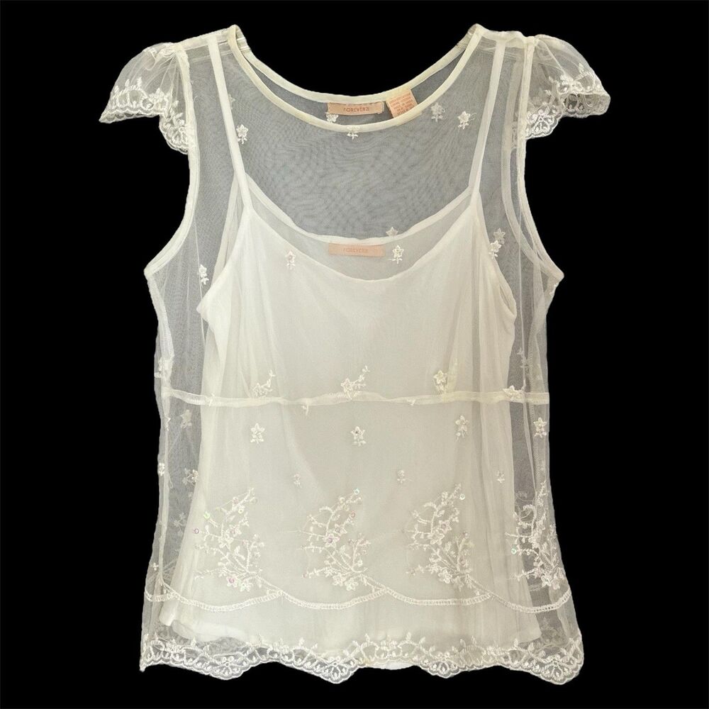 Forever 21 Sheer Vintage Y2K Top Size M Dainty Fairycore Floral Embroidered Mesh